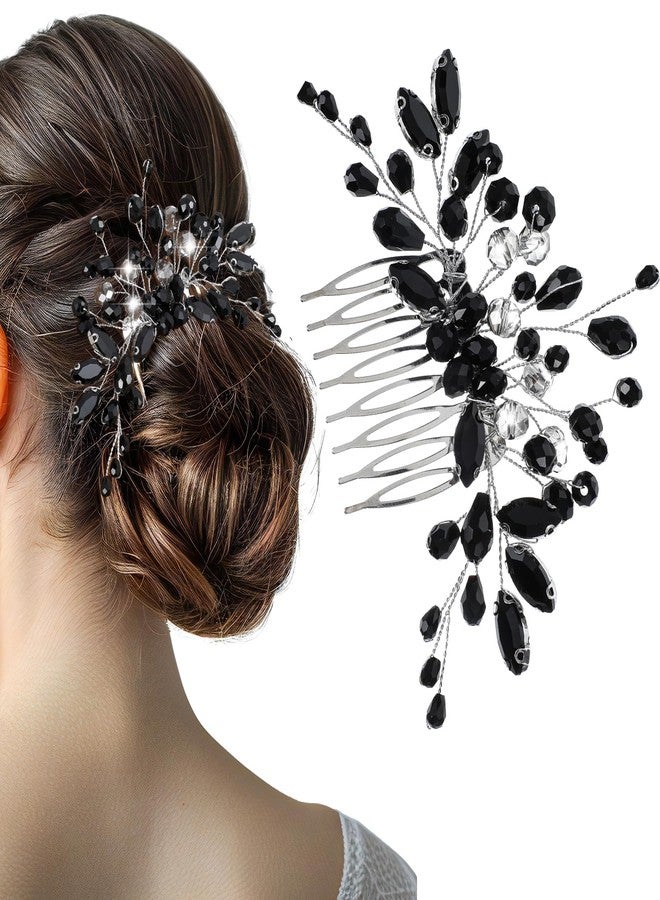 MBAIYO Black Teardrop Rhinestone Hair Side Comb, Vintage Rhinestone Side Comb Black Bridal Wedding Headpiece Teardrop Crystal Headpieces Side Comb Flower Headband Bridal Hair Accessory for Women - Image 1